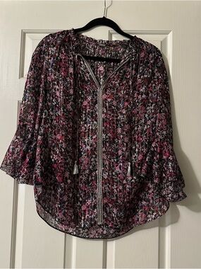 Elie Tahari Black Floral Pleated Blouse with Pink Accents